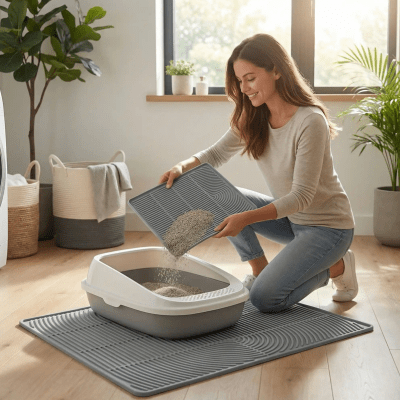 une femme nettoie le tapis pour litière chat
