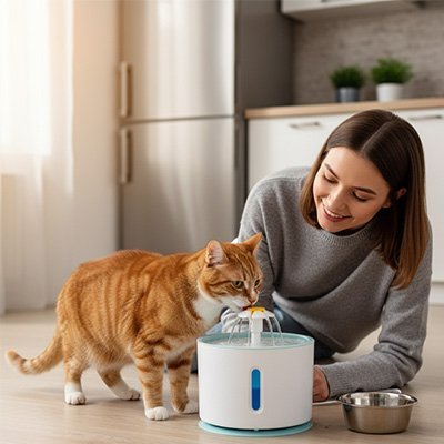 Femme observant un chat qui boit à la fontaine à eau pour chat
