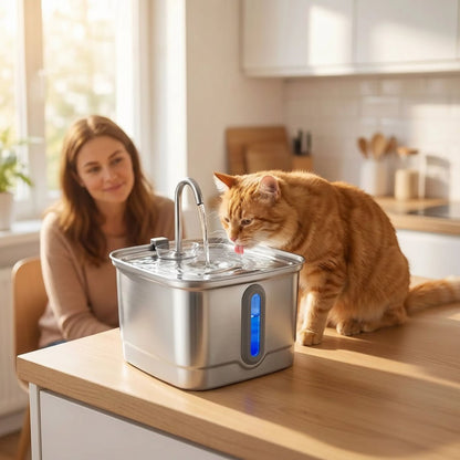 femme observe son chat buvant eau dans la fontaine a eau inox chat