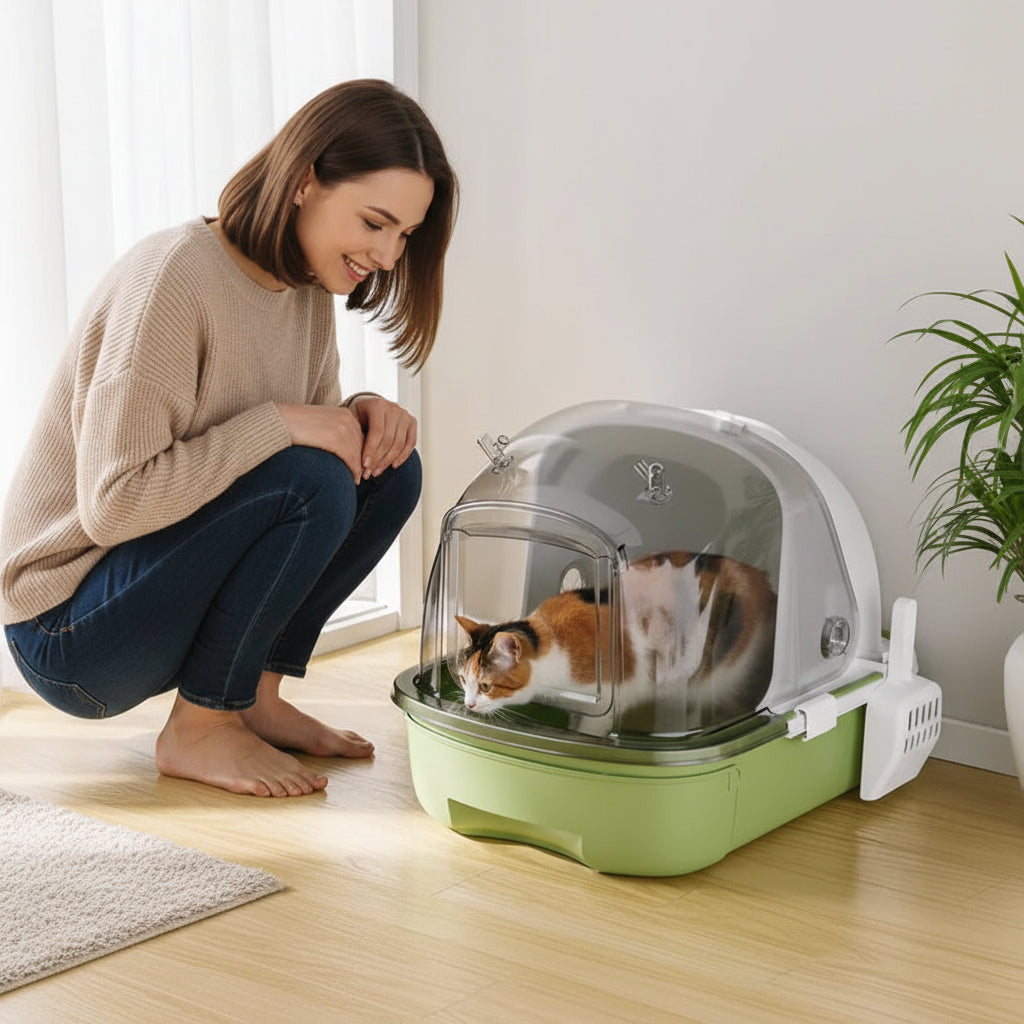 femme observe son chat dans le bac a litiere a chat