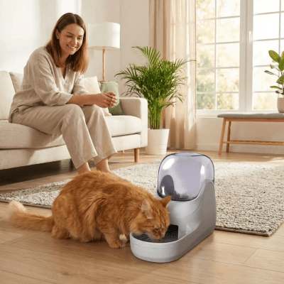 femme observe chat distributeur eau
