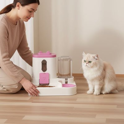 une femme offre a son chat un distributeur croquette chat