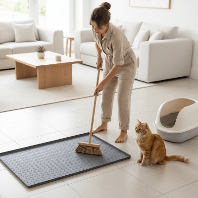 une femme passe le balais sur le tapis pour litiere chat
