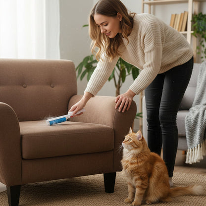 femme passe la brosse anti poil sur le canapé  