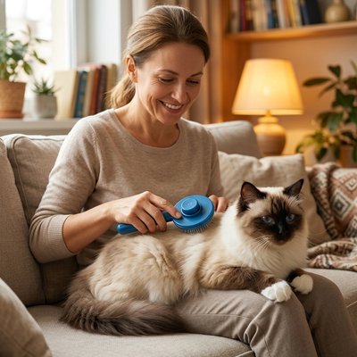 femme passe la brosse chat poil long sur le dos de son chat