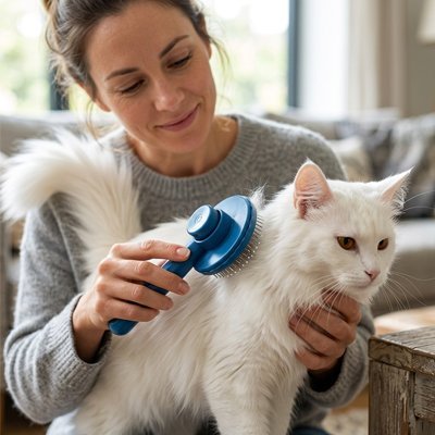 femme passe la brosse chat poil long sur le dos son chat blanc
