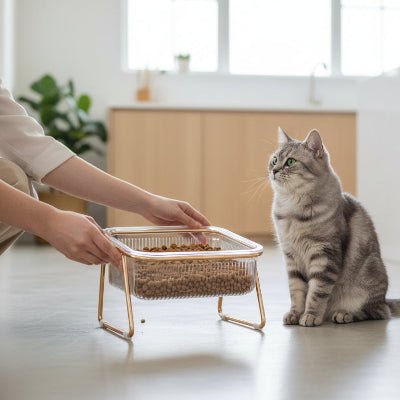 Femme posant gamelles pour chats