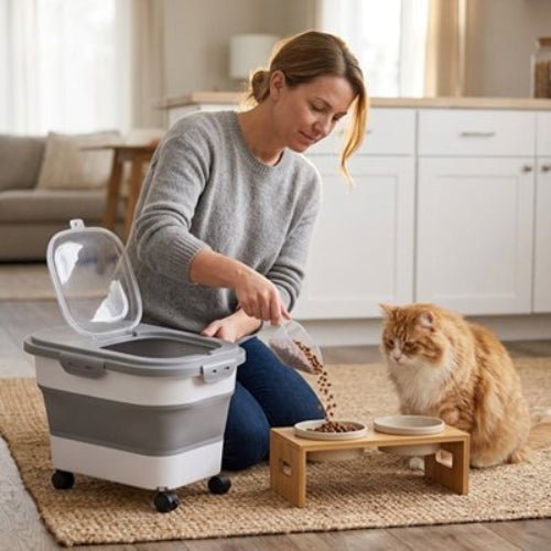 femme prend les croquettes du Boite à croquettes Chat