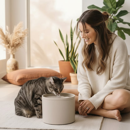 femme prés du chat buvant dans fontaine a eau chat ceramique