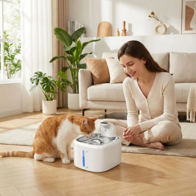 femme regardant chat buvant dans fontaine pour chat