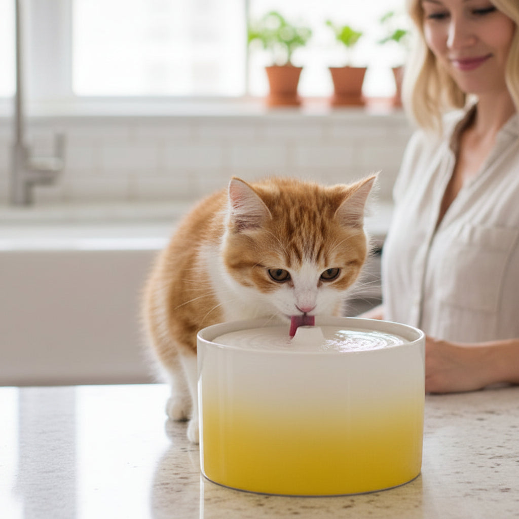 femme regarde le chat boit dans la fontaine a eau ceramique chat