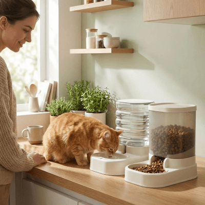 femme regarde son chat buvant dans le distributeur eau chat