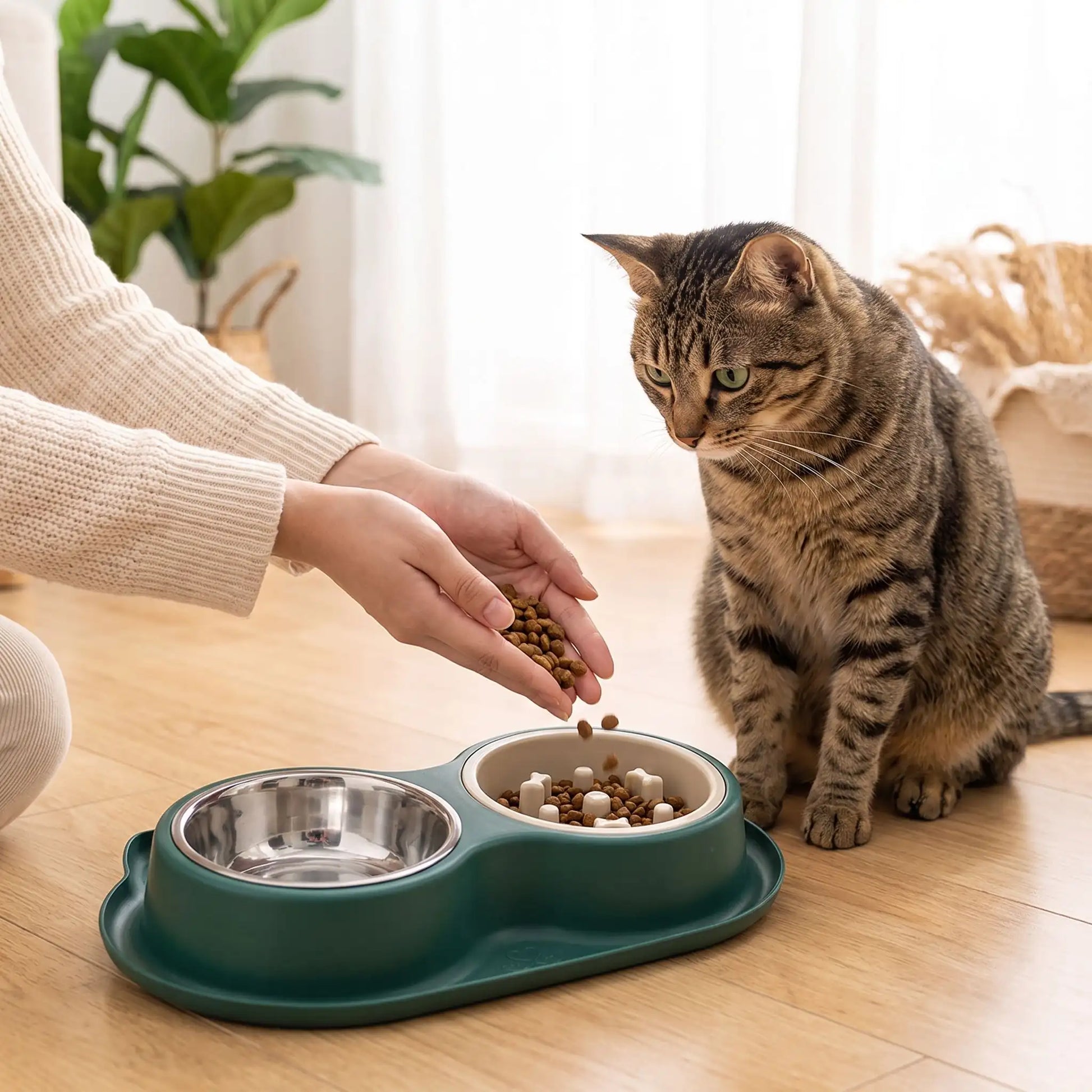 femme rempli la gamelle pour chat anti glouton
