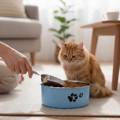 femme remplie la gamelle en inox pour chat