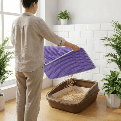 une femme secoue le tapis pour chat dans le bac