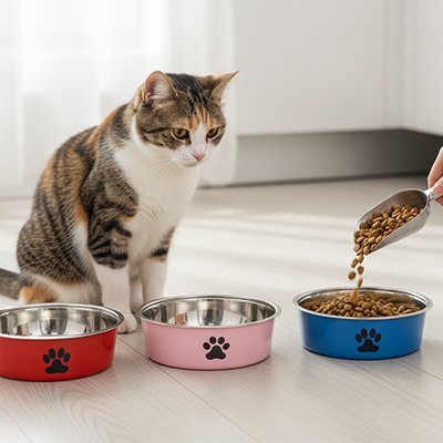 femme sert croquette dans gamelles chat