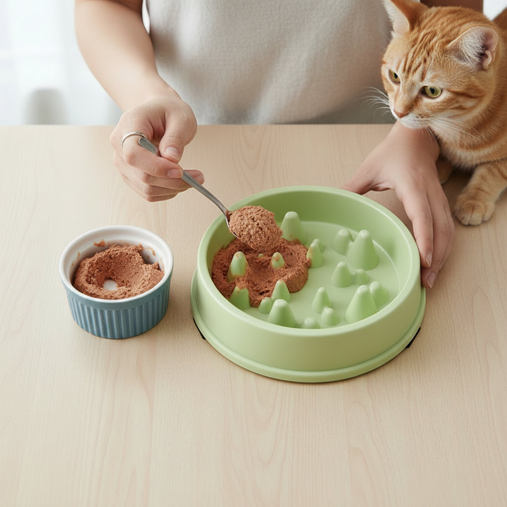 femme sert du pâté dans la gamelle anti glouton pour chat