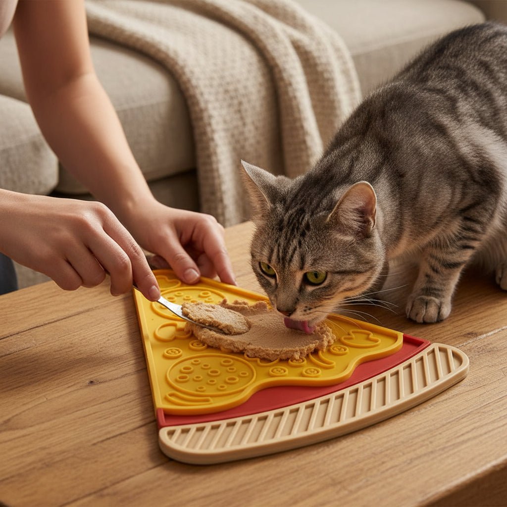 femme sert le pâté dans le tapis anti glouton chat 