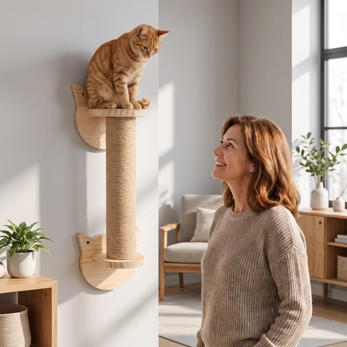 femme surveille le chat sur le griffoir mural pour chat