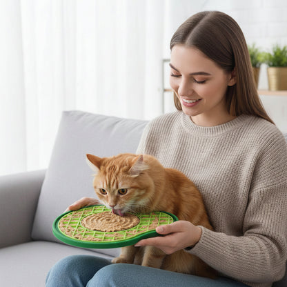 une femme tiens le tapis anti-glouton chat