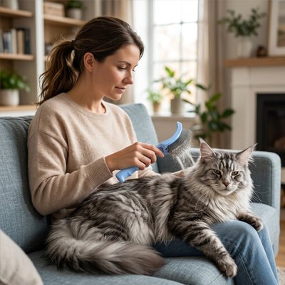 femme utilise la brosse chat poil long bleu