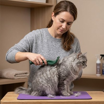 femme utilise la brosse chat poil long vert 