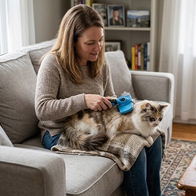 femme utilise brosse chat poil long 