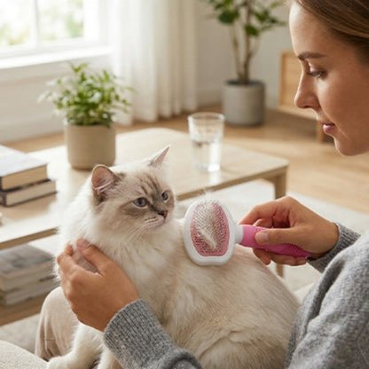 femme utilise Brosse chat poils longs sur chat blanc
