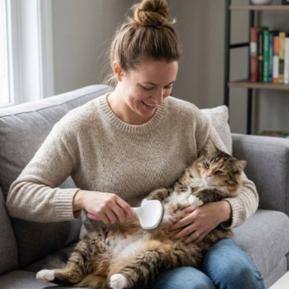 femme utilise Brosse chat poils longs sur chat brun