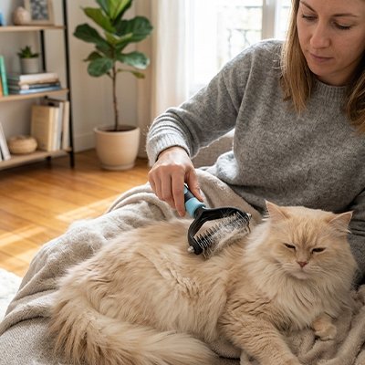 femme utilise brosse pour chats poils longs 