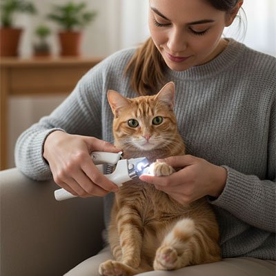 femme utilise coupe griffes pour chats blanc