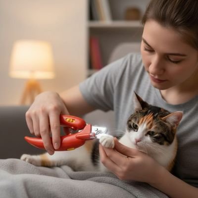 femme utilise le coupe ongle pour chat rouge sur les griffes