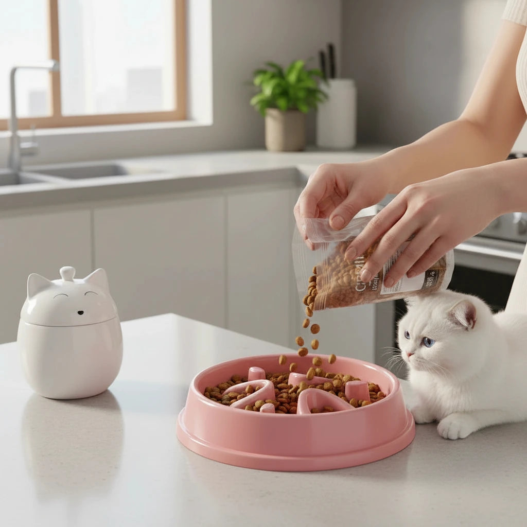 femme verse du croquettes dans la gamelle chat anti glouton 