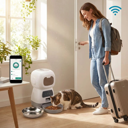 femme va en voyage son chat mangeant distributeur de croquettes pour chat avec wifi