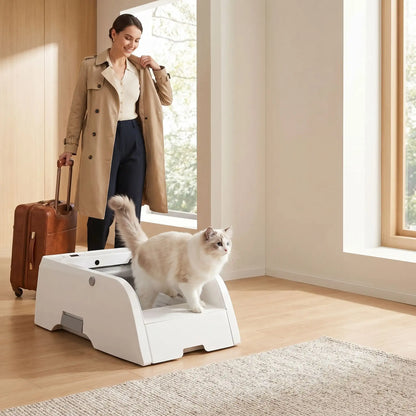 femme s'apprête a voyager son chat sortant du bac a litiere automatique chat