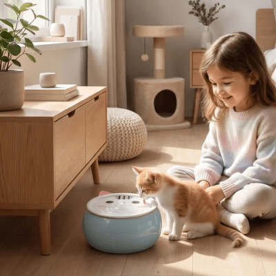 une fille observe son chat boit l'eau dans une fontaine a eau chat ceramique 