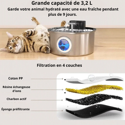 filtration 4 couches de la fontaine à eau chat inox sans fil