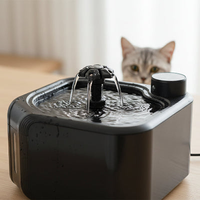 chat observe l'eau couler dans la fontaine a chat noire