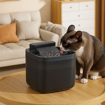 chat brun boit eau fontaine à eau pour chat noir
