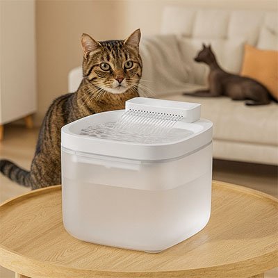 chat rayer regarde fontaine à eau pour chat avec chat derrière