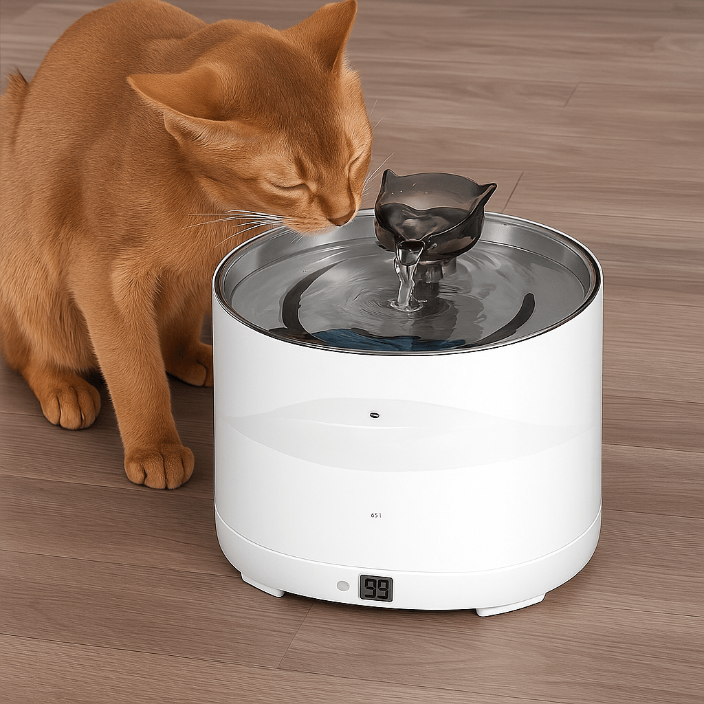 chat roux approche fontaine à eau pour chat blanche
