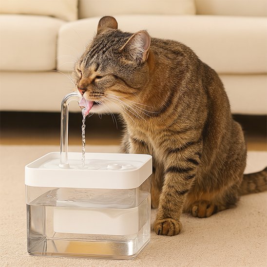 a côte divan chat boit eau fontaine eau chat