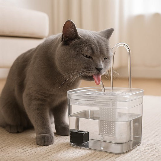 dans salon chat gris buvant eau fontaine eau chat