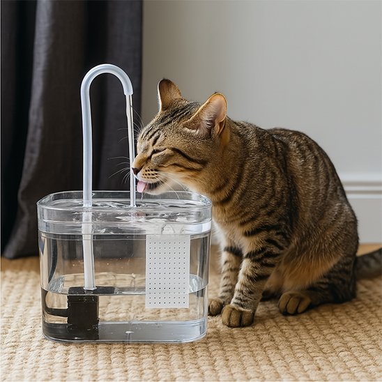 chat tigré boit eau fontaine eau chat sur tapis