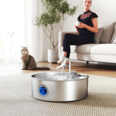 fontaine eau pour chat posée sur le tapis