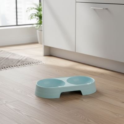 Gamelle chat bleu pastel dans un salon lumineux