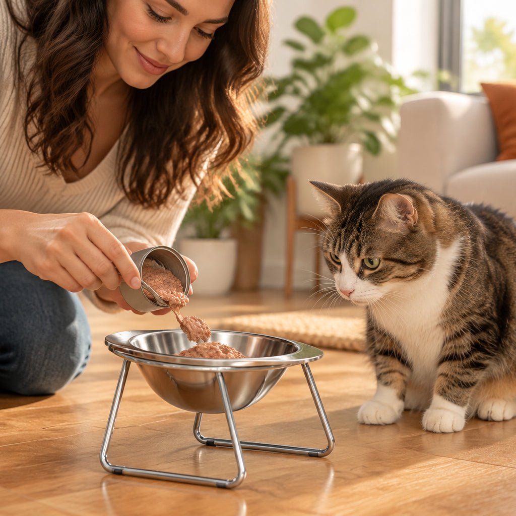 femme sert le pâté dans gamelle chat en hauteur 