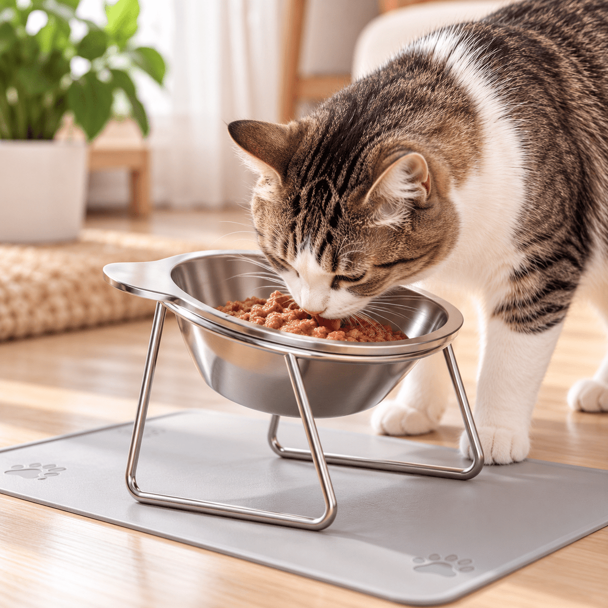 gamelle chat en hauteur sur un tapis