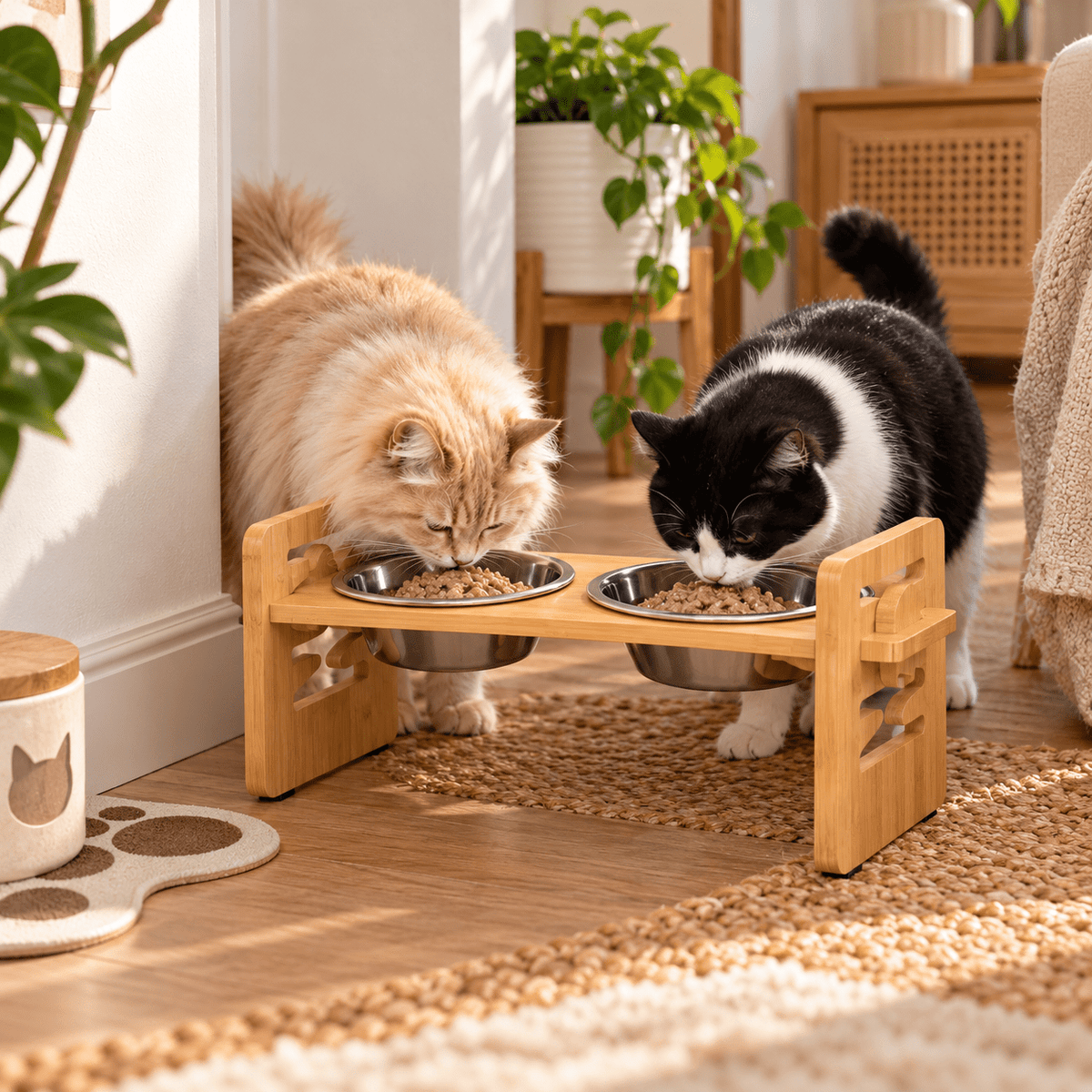 gamelle chat reglable en hauteur 2 chats au coin repas 