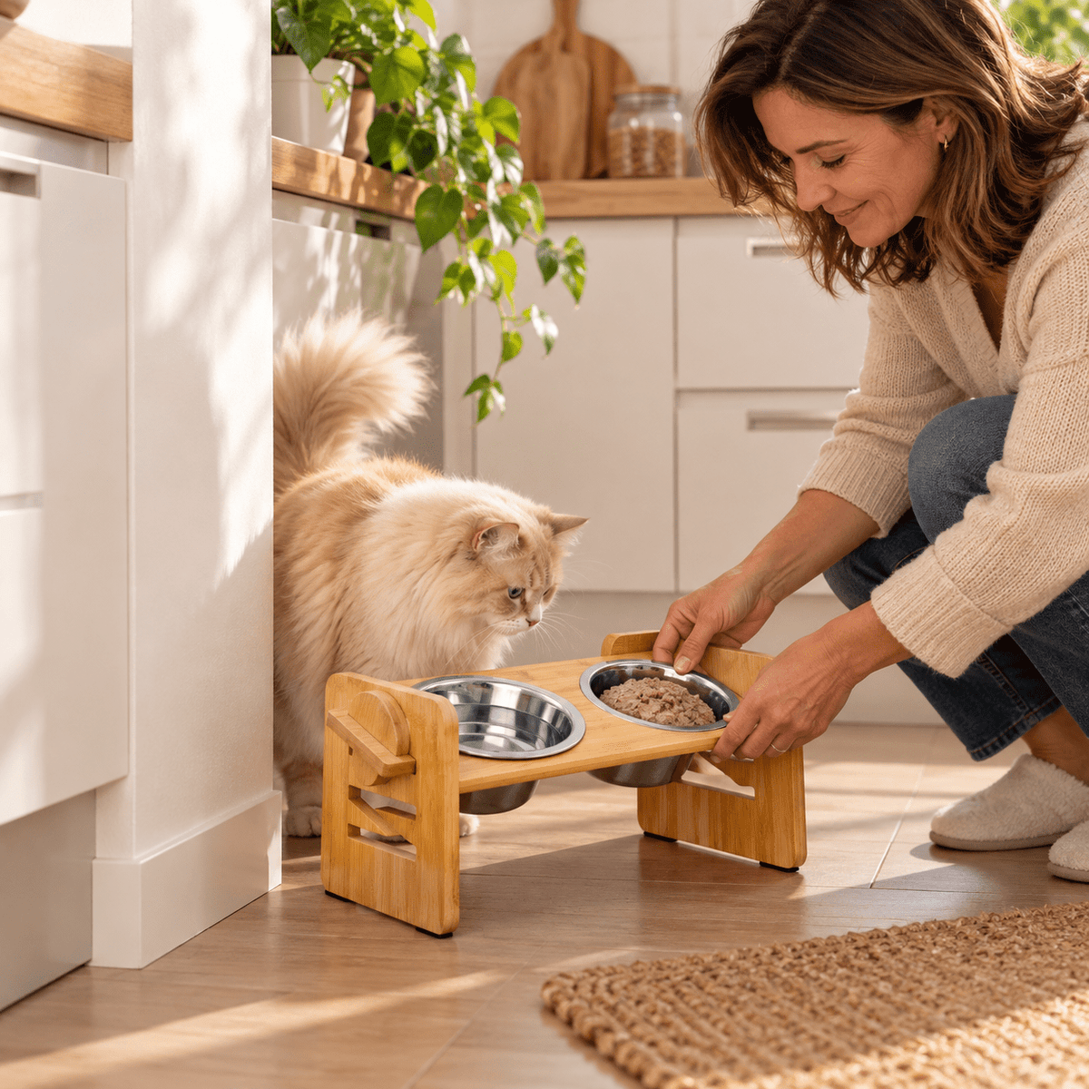 gamelle chat reglable en hauteur avec un moment tendre